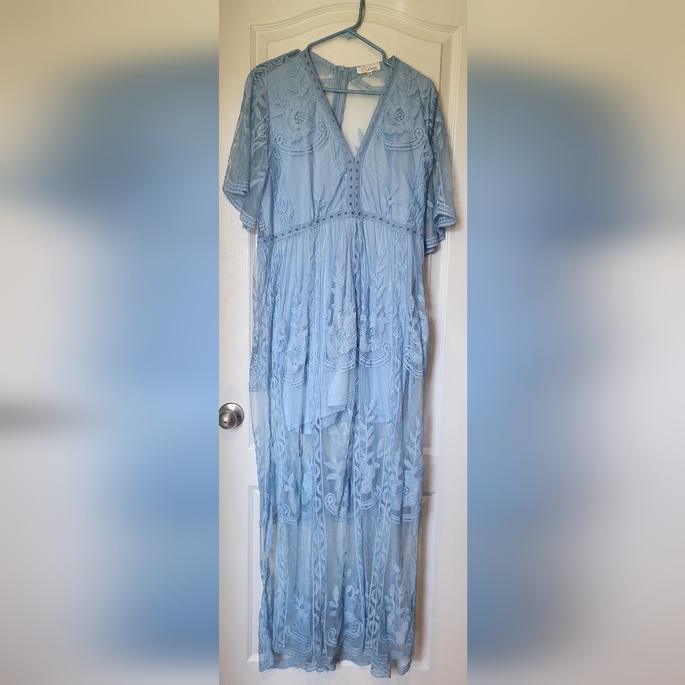 Eleter Women's Deep V-Neck Lace Romper Short Sleeve Long Dress